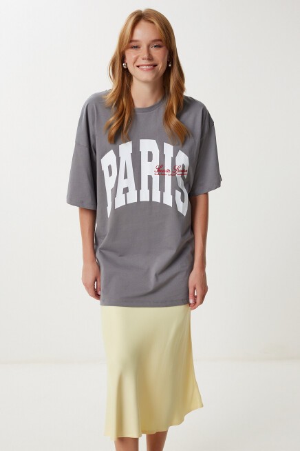 Baskılı Nakış İşlemeli Oversize Örme T-shirt FÜME LKT0015