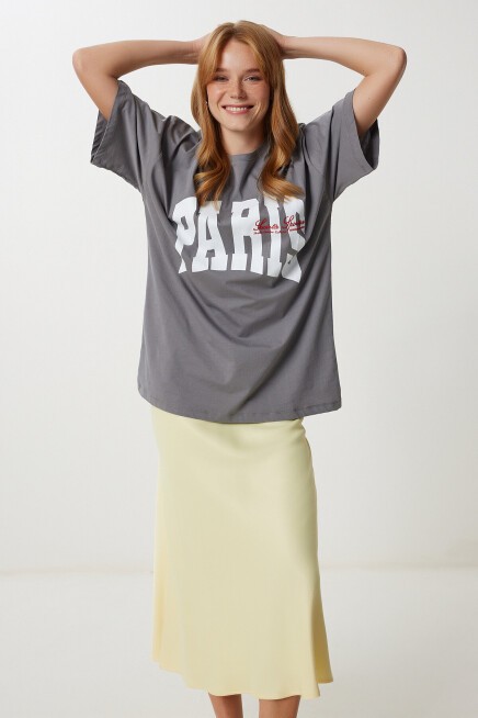 Baskılı Nakış İşlemeli Oversize Örme T-shirt FÜME LKT0015