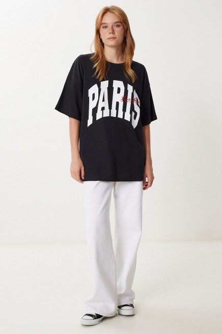 Baskılı Nakış İşlemeli Oversize Örme T-shirt SİYAH LKT0015