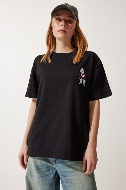 Bisiklet Yaka Nakışlı Oversize Örme T-shirt SİYAH LNJ0003