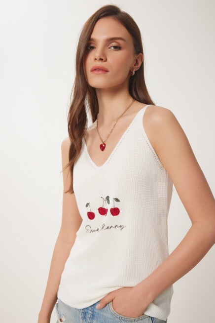 Boncuk Detaylı Baskılı Triko Bluz KEMİK LNS0046