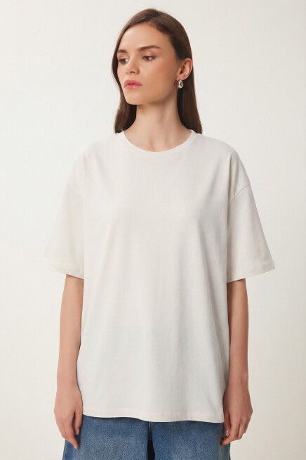 Dantel Detaylı Oversize Modal T-shirt EKRU LNT0030