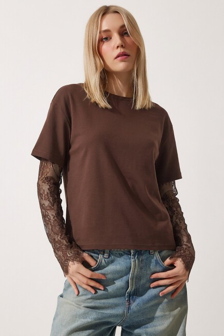 Dantel Detaylı Oversize Modal T-shirt KAHVERENGİ LNT0028