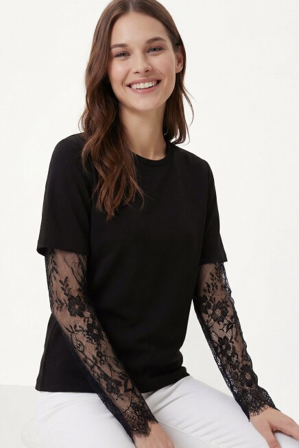Dantel Detaylı Oversize Modal T-shirt SİYAH LNT0028