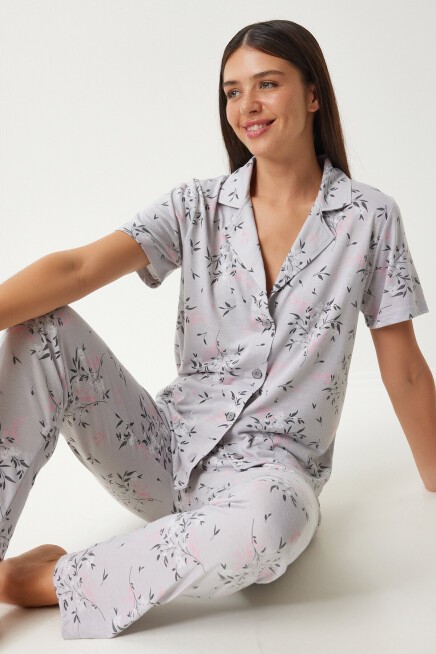 Desenli Gömlek Pantolon Pijama Takımı GRİ LEC0002