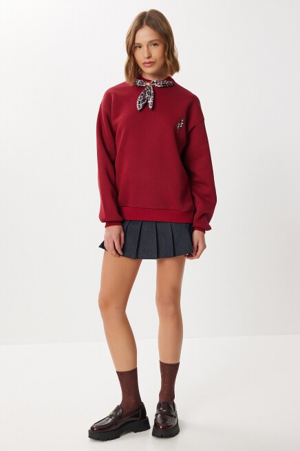 Fular Detaylı Şardonlu Örme Sweatshirt BORDO LPX0005