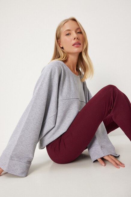 Geniş Kol Oversize Örme Sweatshirt GRİ LFN0112