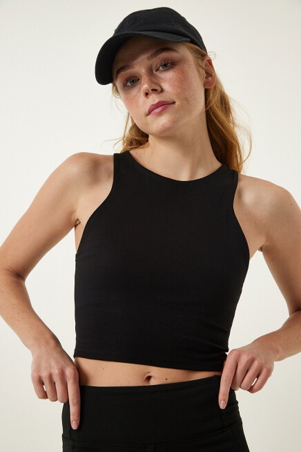 Halter Yaka Crop Örme Bluz SİYAH LOW0023