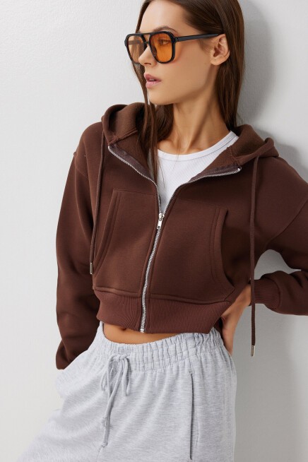 Kapüşonlu Fermuarlı Şardonlu Örme Sweatshirt KAHVERENGİ LPX0004