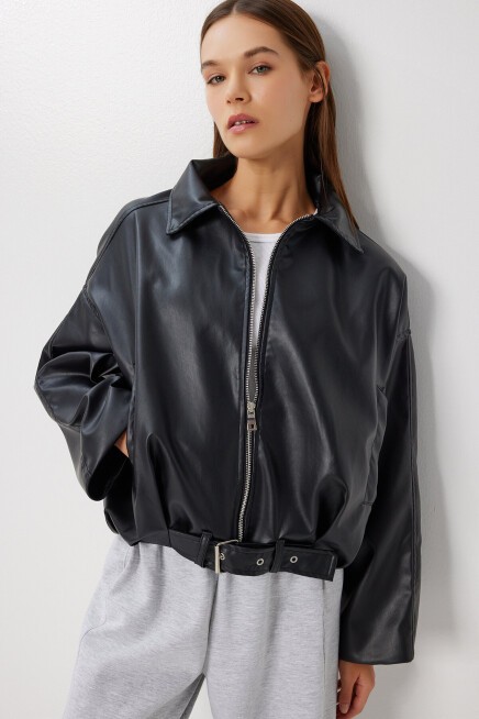 Kemerli Suni Deri Bomber Ceket SİYAH LOH0013