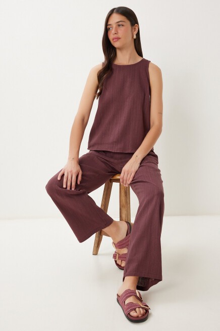 Keten Bluz Pantolon Takım MÜRDÜM LMC0062