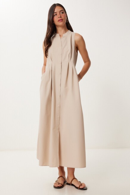 Kolsuz Midi Poplin Gömlek Elbise KREM LMX0093