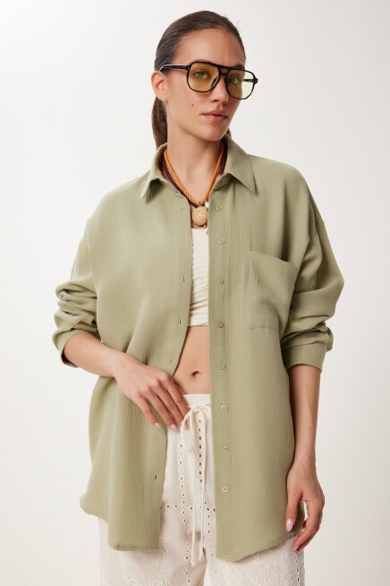 Oversize Basic Müslin Gömlek AÇIK HAKİ LMX0002
