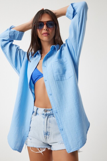 Oversize Basic Müslin Gömlek GÖK MAVİ LMX0002