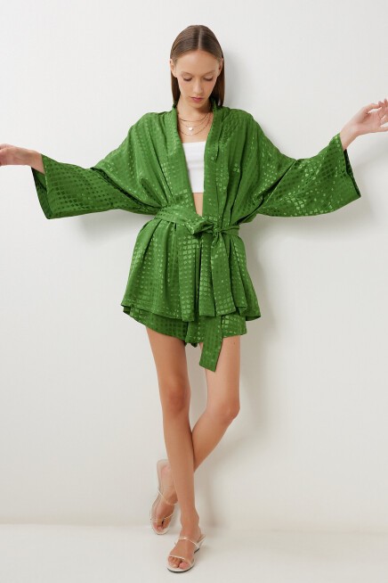Saten Yüzeyli Kimono Şort Takım YEŞİL LFG0108