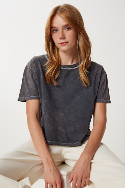 Yıkamalı Crop Örme T-shirt ANTRASİT LKT0013