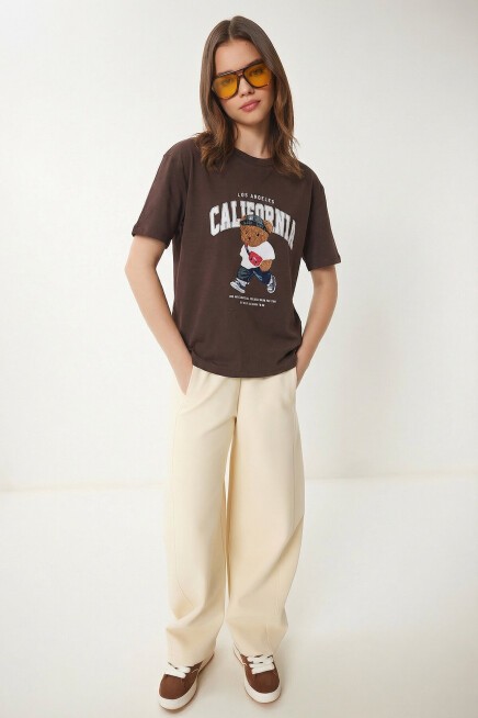 Ayıcık Armalı Baskılı Oversize Örme T-shirt KAHVERENGİ LMC0088