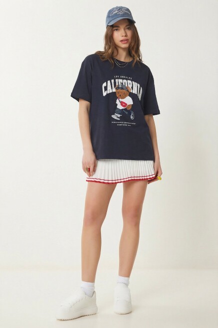 Ayıcık Armalı Baskılı Oversize Örme T-shirt LACİVERT LMC0088