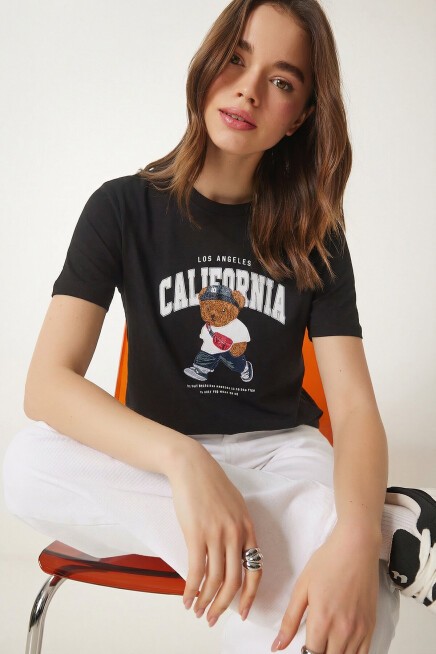 Ayıcık Armalı Baskılı Oversize Örme T-shirt SİYAH LMC0088