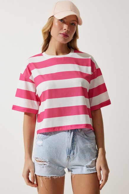 Bisiklet Yaka Çizgili Crop Örme T-shirt BEYAZ PEMBE LHF0007