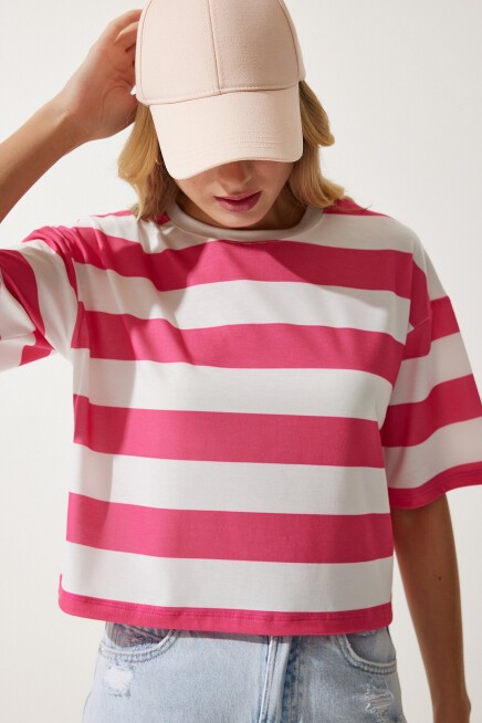 Bisiklet Yaka Çizgili Crop Örme T-shirt BEYAZ PEMBE LHF0007