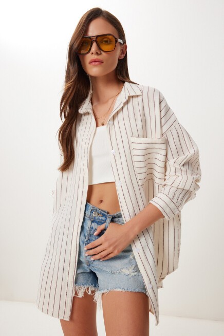 Çizgili Oversize Müslin Gömlek KREM BORDO LGP0014