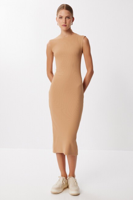 Fitilli Örme Esnek Midi Elbise BİSKÜVİ LMX0129