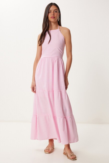 Halter Yaka Volanlı Yazlık Keten Elbise ŞEKER PEMBE LGP0015