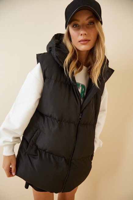 Kapüşonlu Oversize Şişme Yelek SİYAH LRV0032