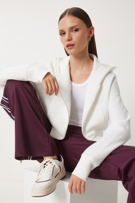 Kapüşonlu Şardonlu Fermuarlı Sweatshirt EKRU LOW0019