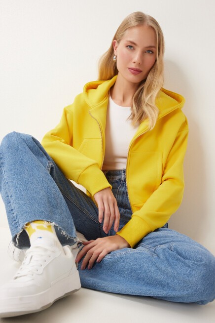 Kapüşonlu Şardonlu Fermuarlı Sweatshirt SARI LOW0019