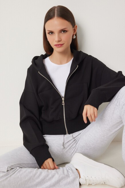 Kapüşonlu Şardonlu Fermuarlı Sweatshirt SİYAH LOW0019