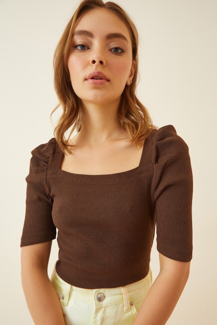 Kare Yaka Fitilli Crop Bluz KAHVERENGİ LGT0011