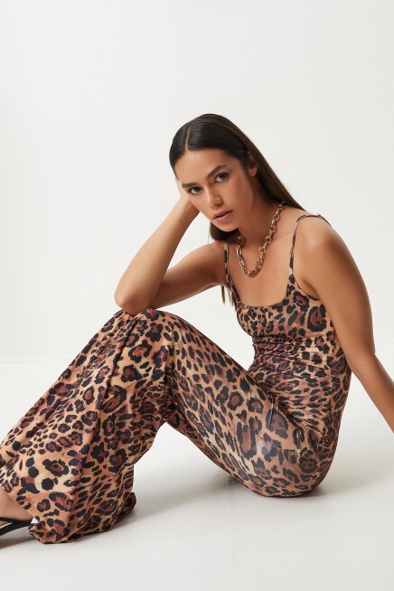 Leopar Desenli Askılı Saran Örme Elbise SİYAH BEJ LKT0001