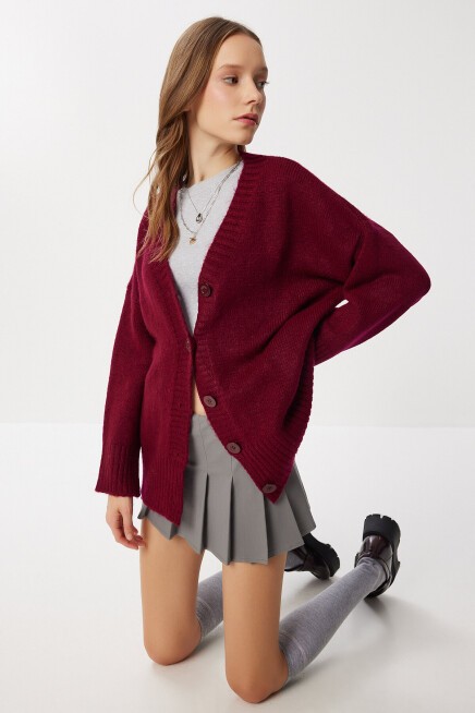 Oversize Düz Örgü Triko Hırka BORDO LNF0027
