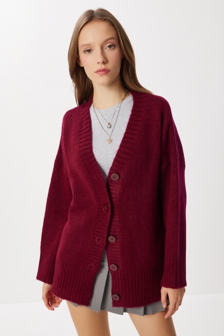 Oversize Düz Örgü Triko Hırka BORDO LNF0027