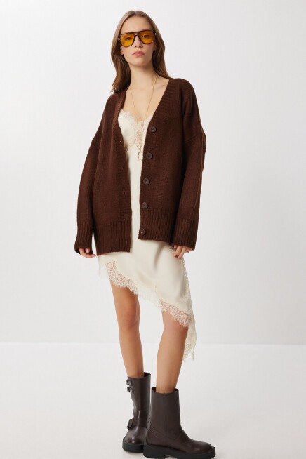 Oversize Düz Örgü Triko Hırka KAHVERENGİ LNF0027