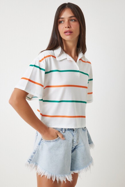 Polo Yaka Çizgili Crop Örme T-shirt EKRU ORANJ LHF0004