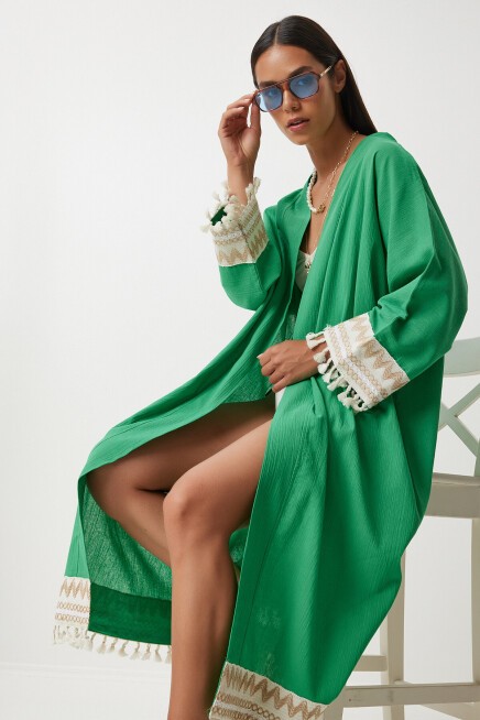 Püskül Güpür Detaylı Uzun Keten Kimono YEŞİL LOH0001