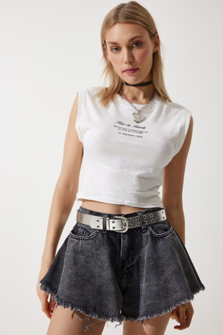 Püsküllü Mini Denim Şort ANTRASİT LHE0001