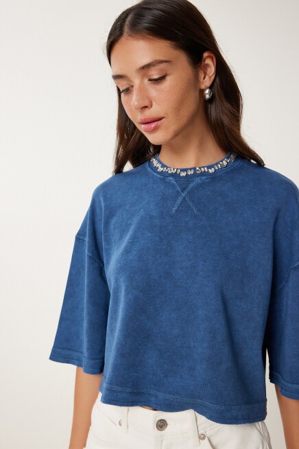 Taş Detaylı Yıkamalı Pamuklu Örme T-shirt LACİVERT LHC0014
