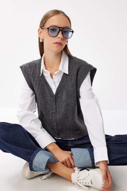V Yaka Crop Triko Yelek ANTRASİT LRG0040