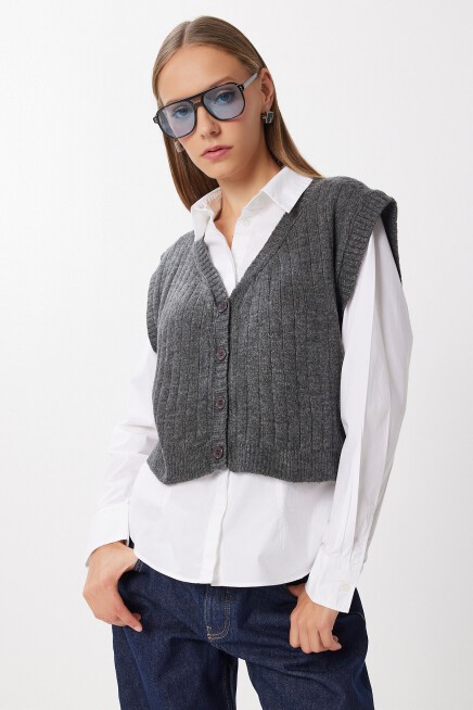V Yaka Crop Triko Yelek ANTRASİT LRG0040