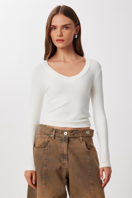 V Yaka Saran Basic Modal Bluz KEMİK LMW0029