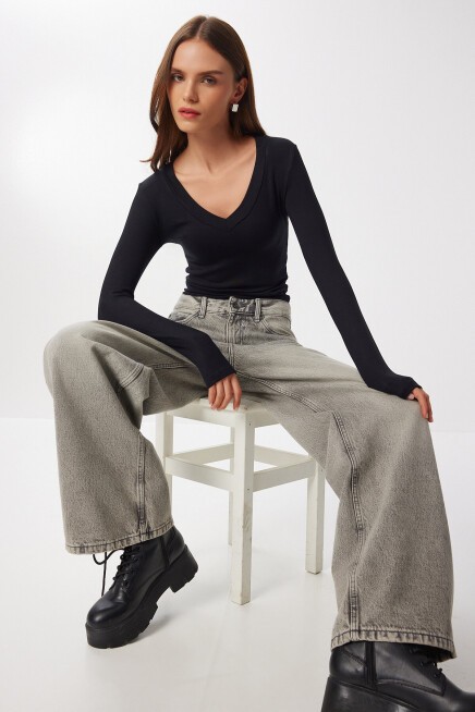 V Yaka Saran Basic Modal Bluz SİYAH LMW0029