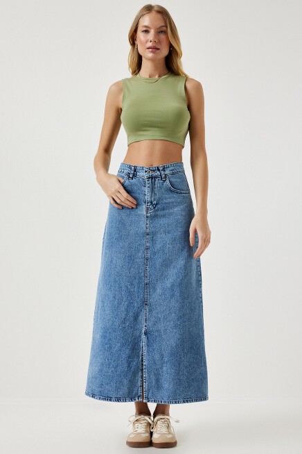Yırtmaçlı Uzun Denim Etek AÇIK MAVİ LRV0016