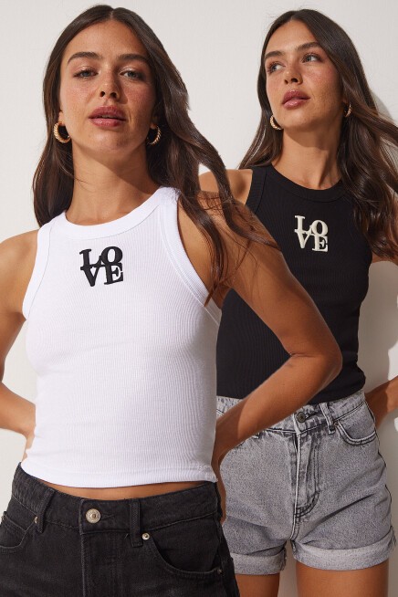 2li Halter Yaka Nakışlı Fitilli Crop Örme Bluz SİYAH BEYAZ LUS0003