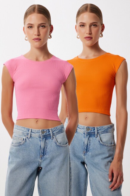 2’li Paket Basic Fitilli Örme Crop Bluz ORANJ PEMBE LMX0123