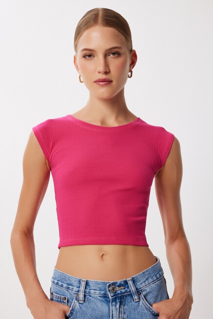 2’li Paket Basic Fitilli Örme Crop Bluz YEŞİL KOYU PEMBE LMX0123