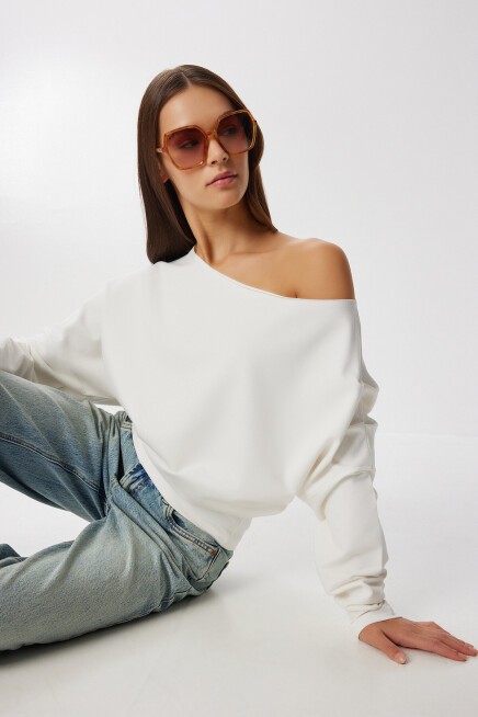 Açık Omuzlu Örme Sweatshirt EKRU LEN0044